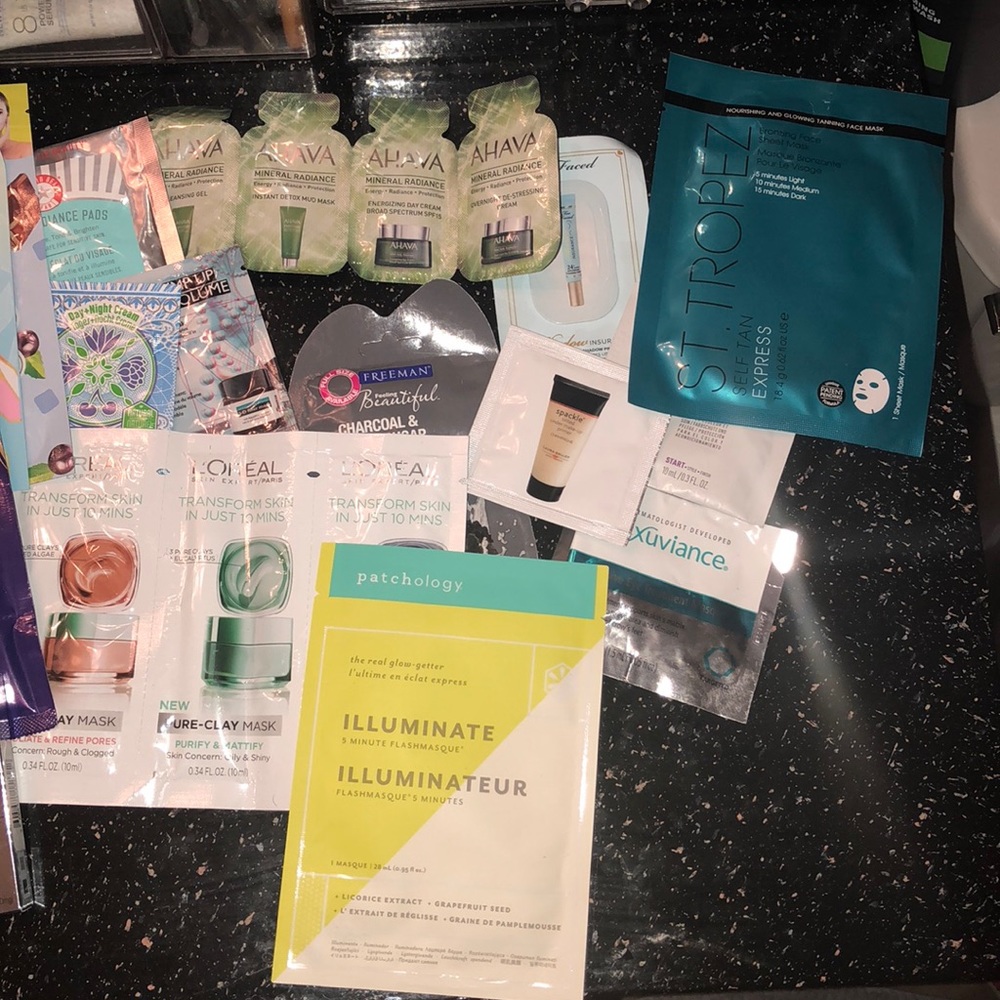 Lot of samples of makeup, masks, hair products.